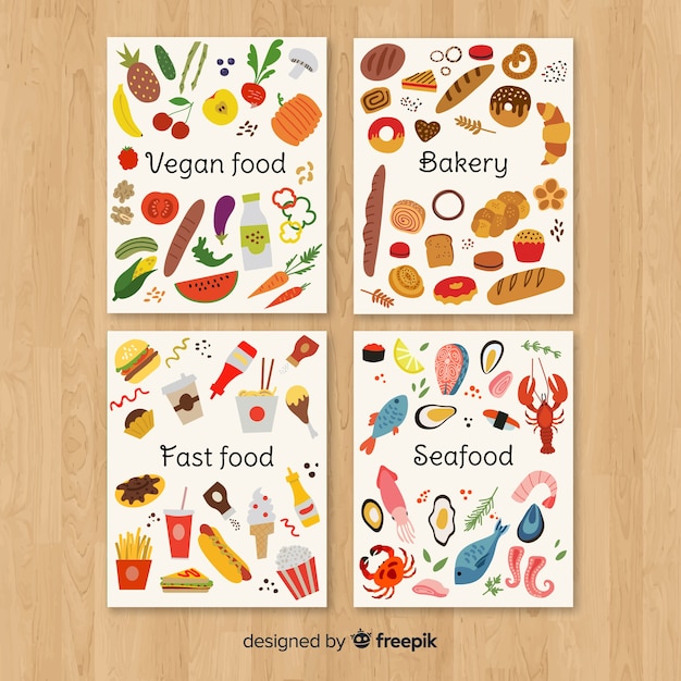 Vector gratuito colección de tarjetas de comida en diseño plano