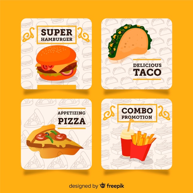 Colección de tarjetas de comida en diseño plano