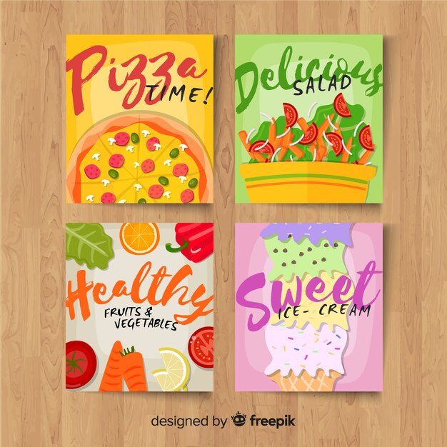 Colección de tarjetas de comida en diseño plano