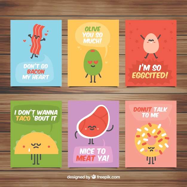 Colección de tarjetas de comida con lindas caricaturas
