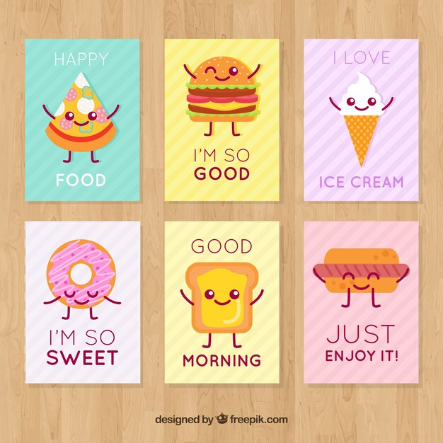 Colección de tarjetas de comida con lindas caricaturas