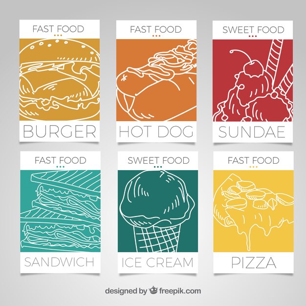 Colección de tarjetas con comida rápida