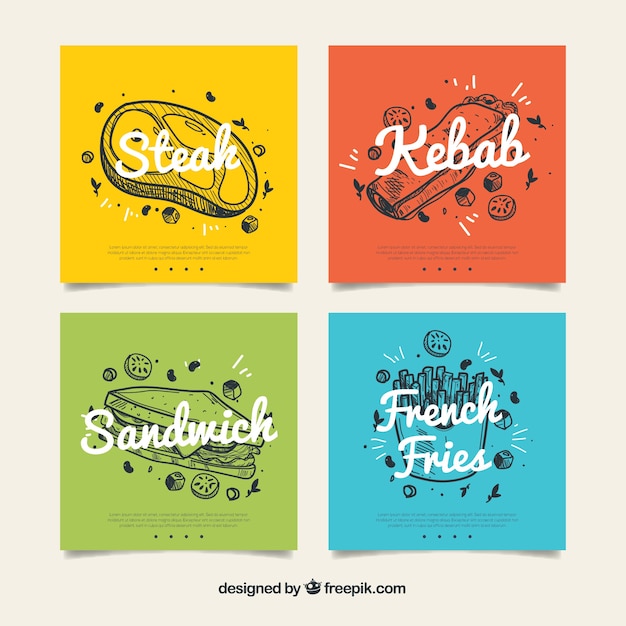 Colección de tarjetas con comida rápida