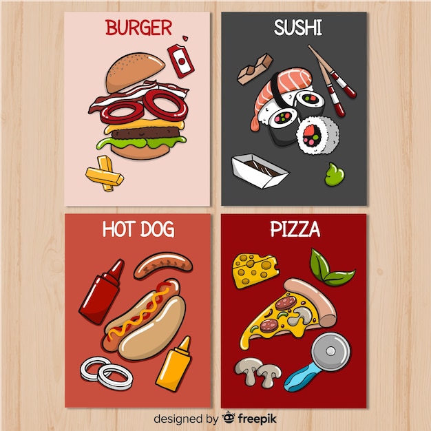 Vector gratuito colección tarjetas comida