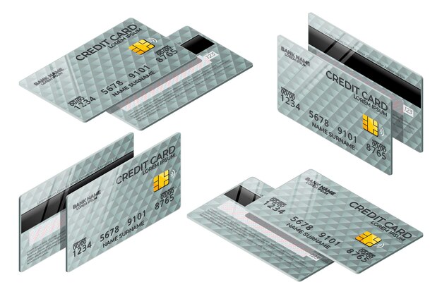 Colección de tarjetas de crédito gris isométrica