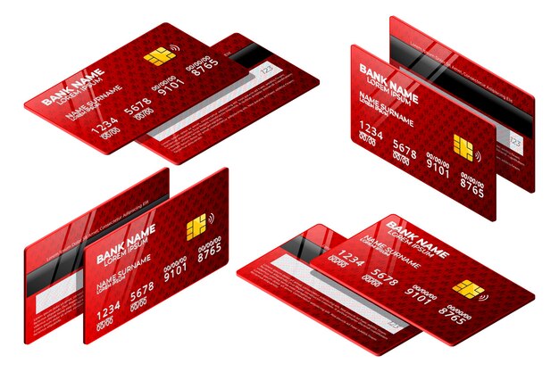 Colección de tarjetas de crédito isométricas rojas