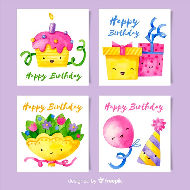 Colección de tarjetas de cumpleaños en acuarela