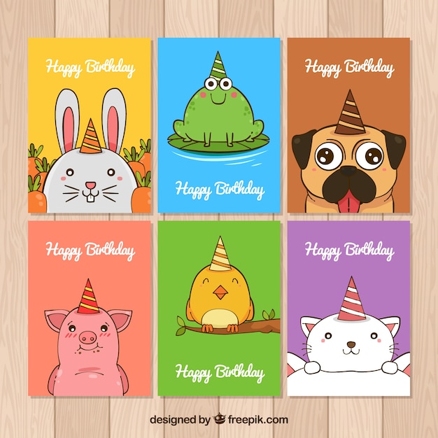 Colección de tarjetas de cumpleaños con animales dibujados a mano