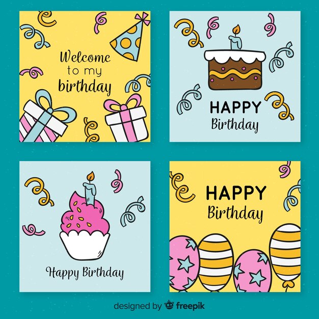 Colección de tarjetas de cumpleaños dibujadas a mano