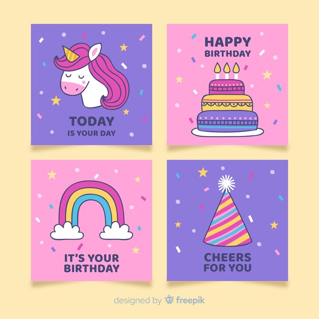 Colección de tarjetas de cumpleaños dibujadas a mano