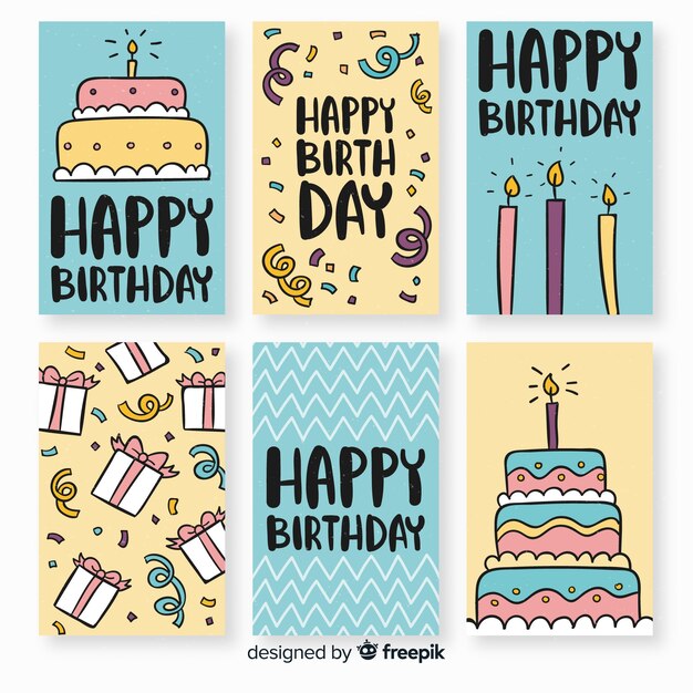 Colección de tarjetas de cumpleaños dibujados a mano