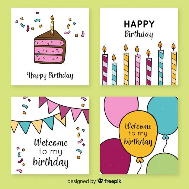 Colección de tarjetas de cumpleaños dibujados a mano
