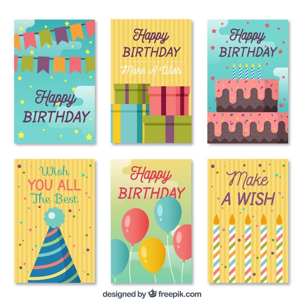 Colección de tarjetas de cumpleaños en diseño plano