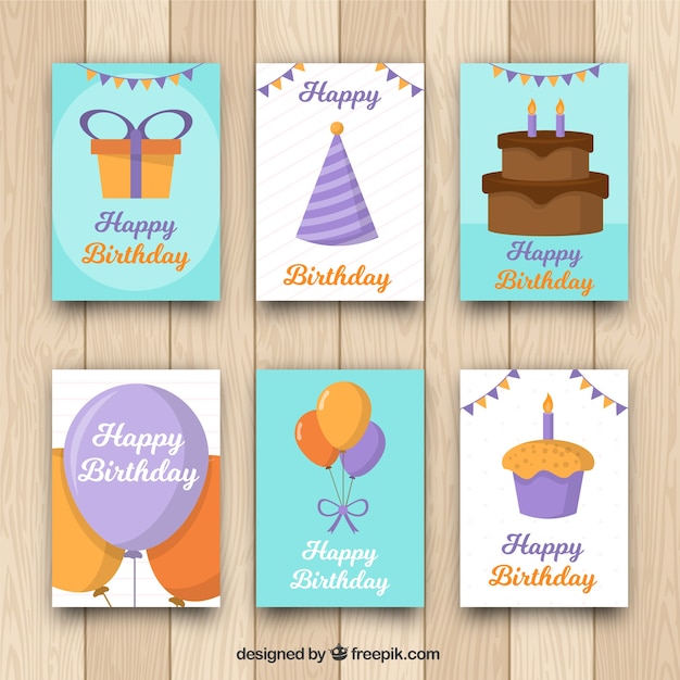 Colección de tarjetas de cumpleaños en diseño plano