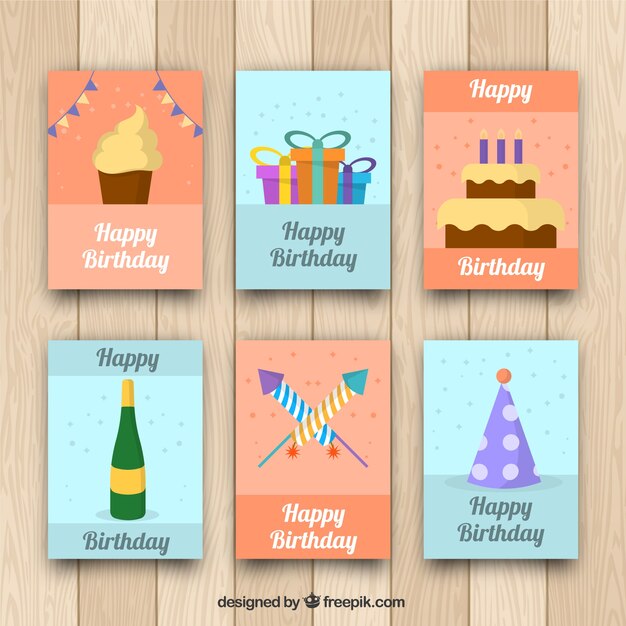 Colección de tarjetas de cumpleaños en diseño plano