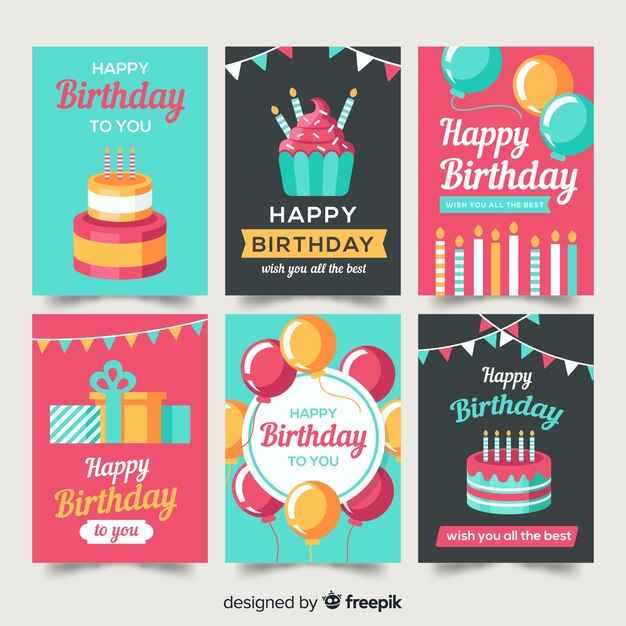 Colección de tarjetas de cumpleaños en diseño plano