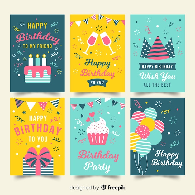 Colección de tarjetas de cumpleaños en diseño plano