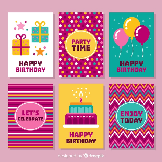 Colección de tarjetas de cumpleaños en diseño plano