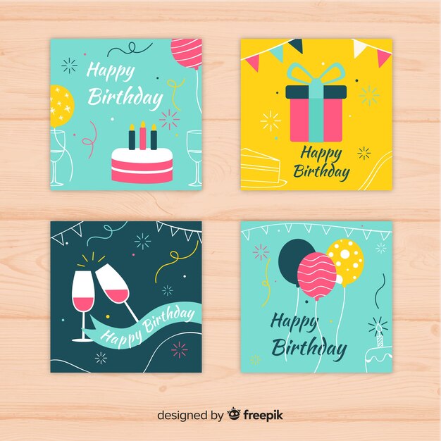 Colección de tarjetas de cumpleaños en diseño plano