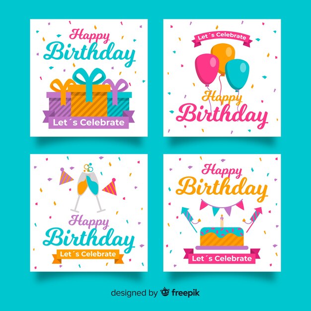 Colección de tarjetas de cumpleaños de diseño plano.