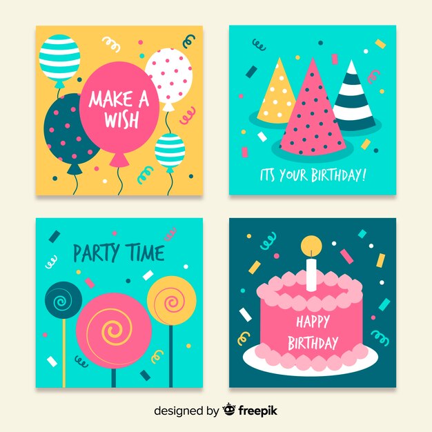 Colección de tarjetas de cumpleaños en diseño plano