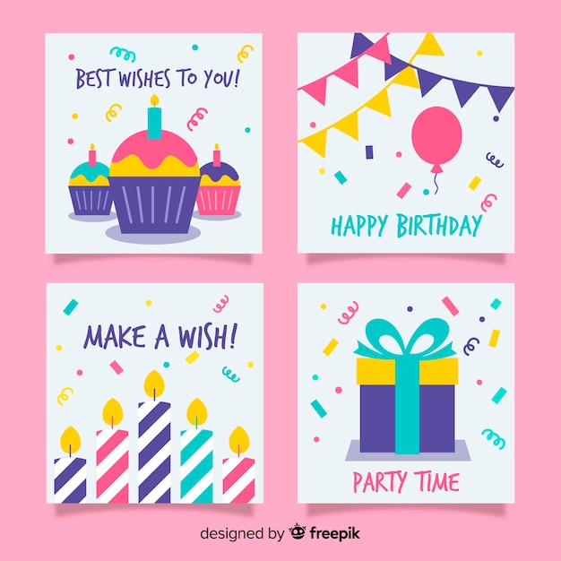 Colección de tarjetas de cumpleaños en diseño plano