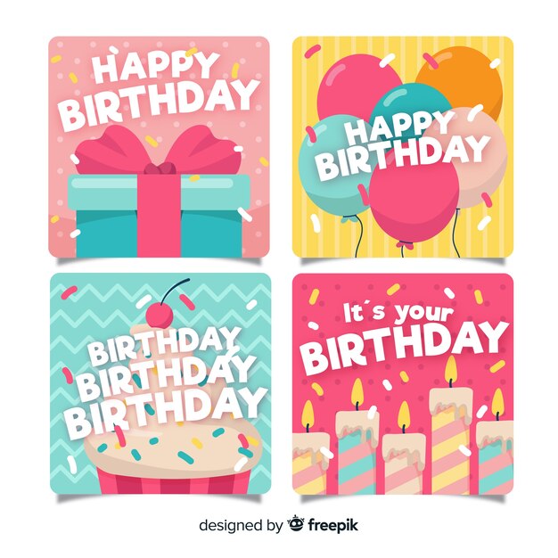 Colección de tarjetas de cumpleaños de diseño plano