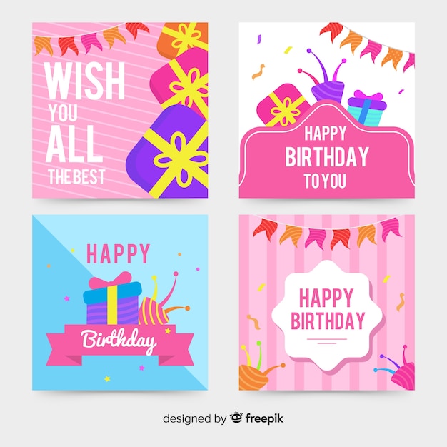 Vector gratuito colección de tarjetas de cumpleaños en diseño plano