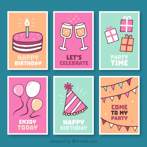 Colección de tarjetas de cumpleaños con elementos dibujados a mano
