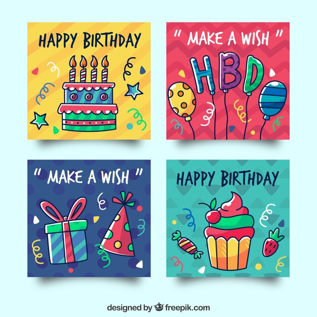 Colección de tarjetas de cumpleaños con elementos de fiesta