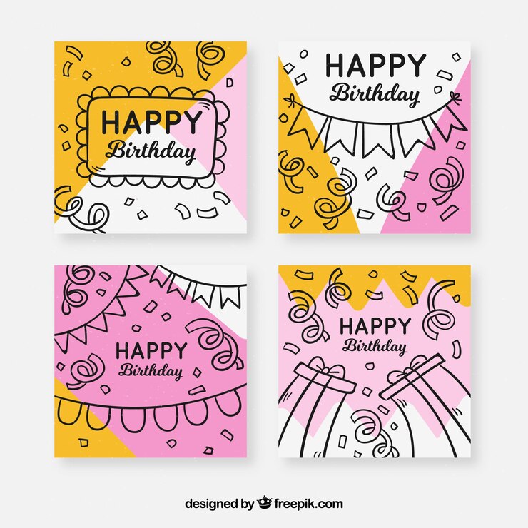 Vector gratuito colección de tarjetas de cumpleaños con elementos de fiesta