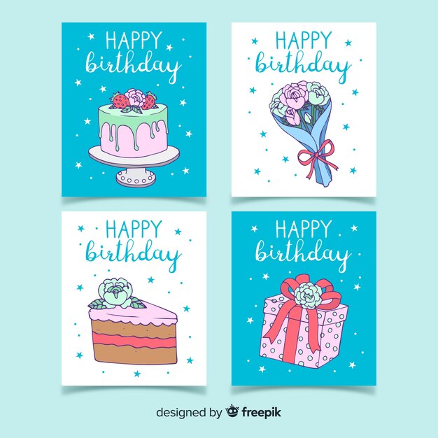 Vector gratuito colección de tarjetas de cumpleaños en estilo dibujado a mano.