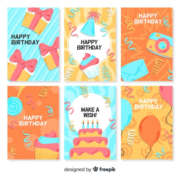 Colección de tarjetas de cumpleaños en estilo dibujado a mano.
