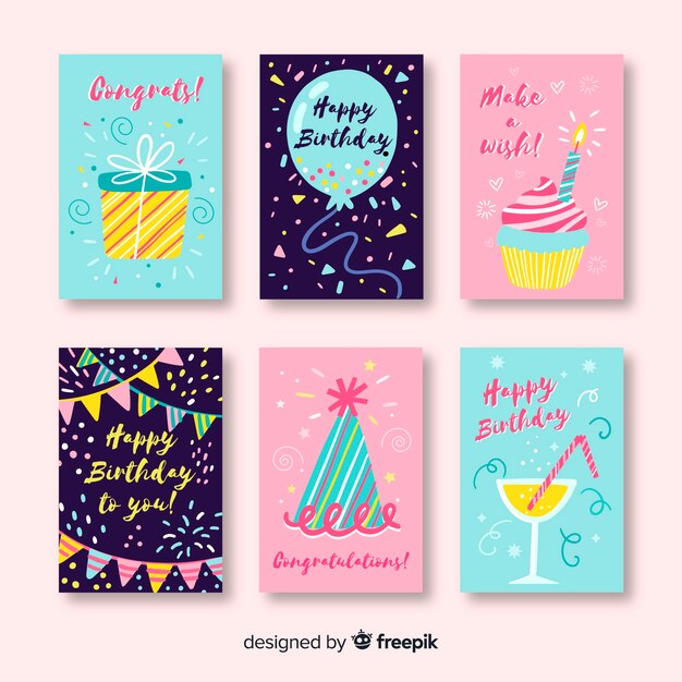 Colección de tarjetas de cumpleaños en estilo dibujado a mano.