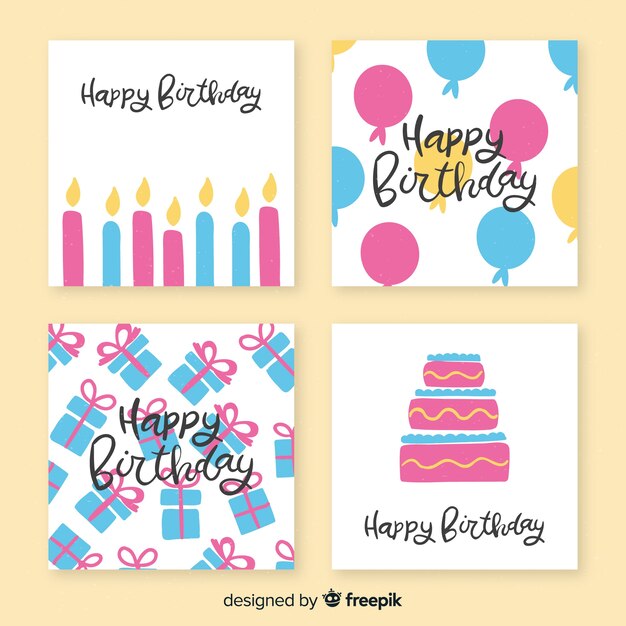 Colección de tarjetas de cumpleaños en estilo dibujado a mano.