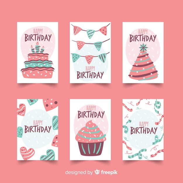 Colección de tarjetas de cumpleaños en estilo dibujado a mano.
