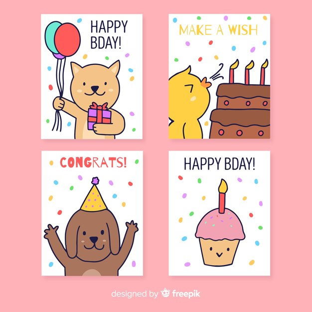 Colección de tarjetas de cumpleaños en estilo dibujado a mano.