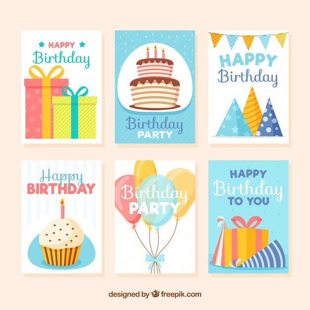 Colección de tarjetas de cumpleaños en estilo plano