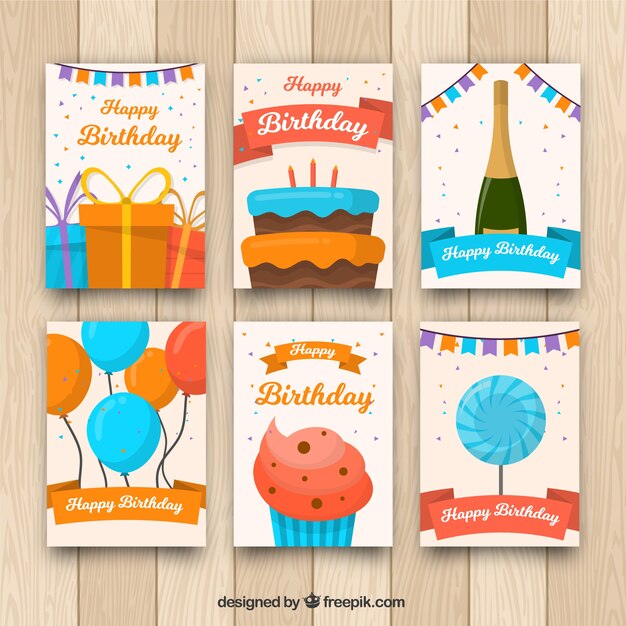 Colección de tarjetas de cumpleaños en estilo plano