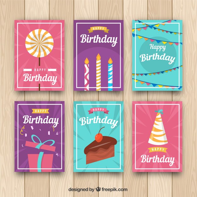 Colección de tarjetas de cumpleaños en estilo plano