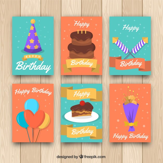 Colección de tarjetas de cumpleaños en estilo plano