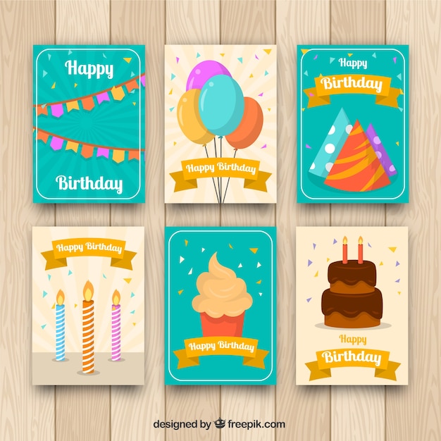 Colección de tarjetas de cumpleaños en estilo plano