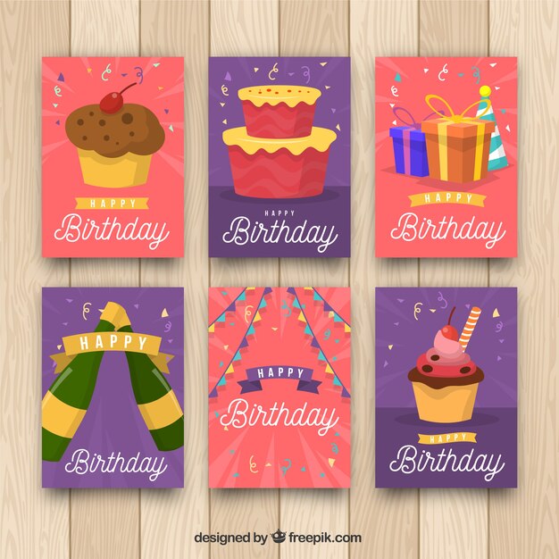 Colección de tarjetas de cumpleaños en estilo plano