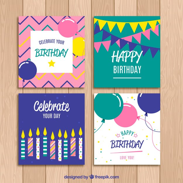 Colección de tarjetas de cumpleaños en estilo plano