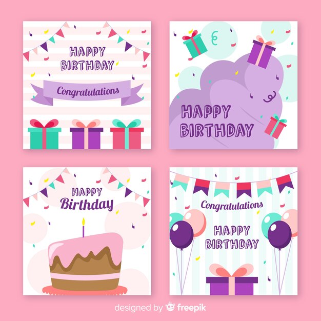 Colección de tarjetas de cumpleaños en estilo plano.