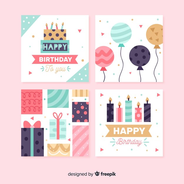 Colección de tarjetas de cumpleaños en estilo plano