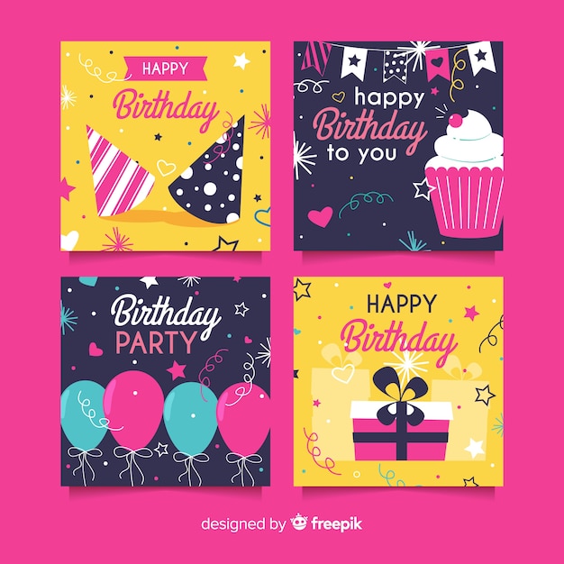 Colección de tarjetas de cumpleaños en estilo plano