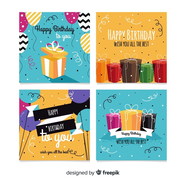 Colección de tarjetas de cumpleaños en estilo plano.