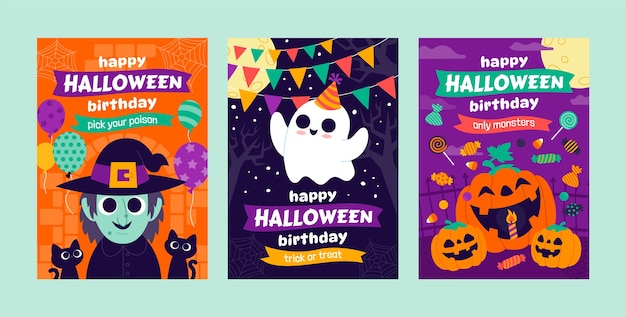 Vector gratuito colección de tarjetas de cumpleaños de halloween planas