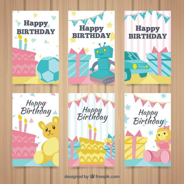 Colección de tarjetas de cumpleaños con juguetes